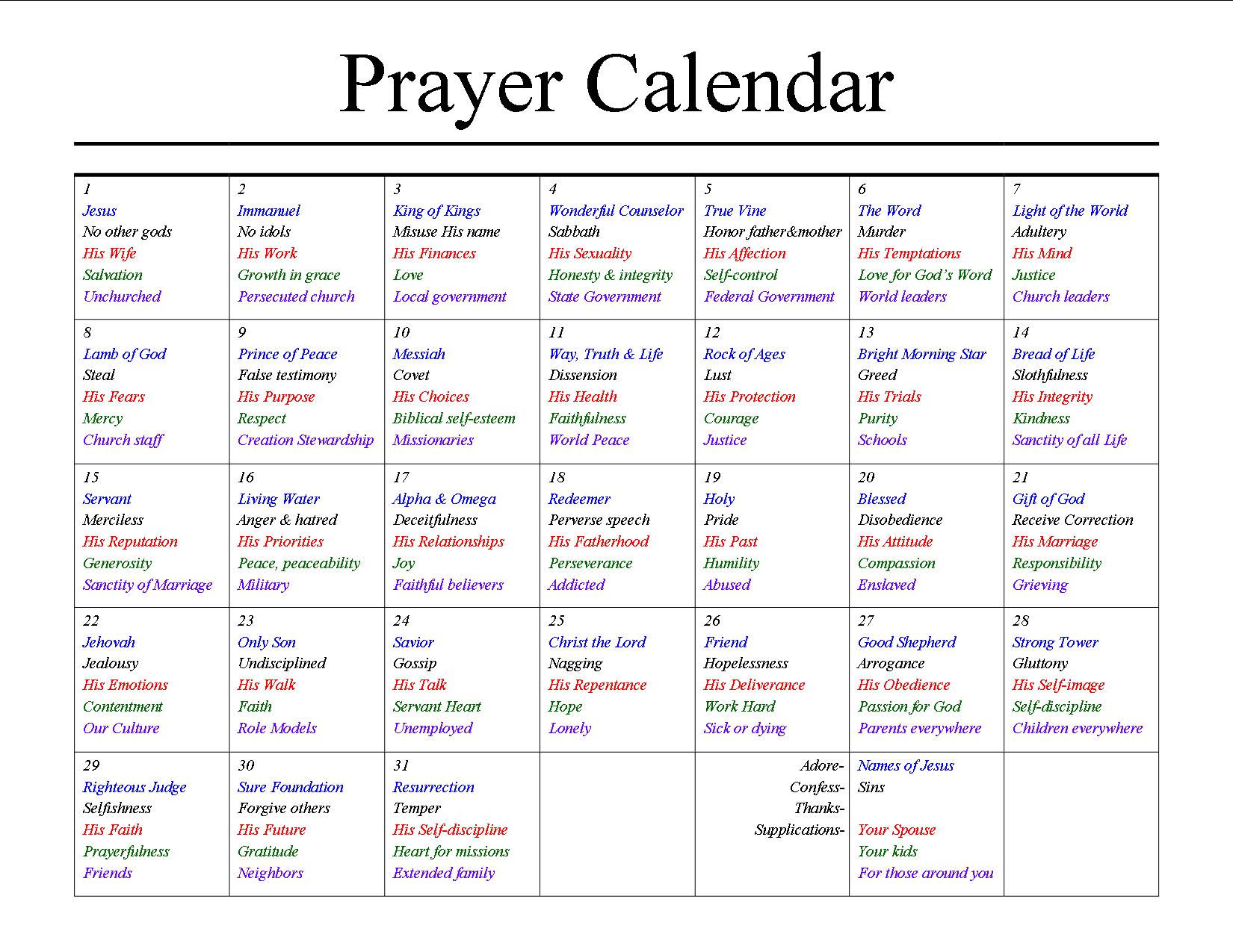 Prayer Calendar Template